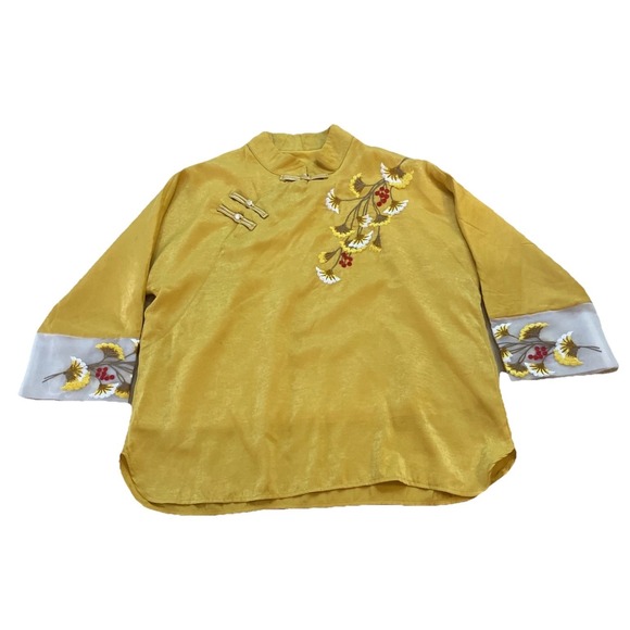 Rui Xin Bei Er Other - Rui Xin Bei Er‎ Satin Hanfu Cheongsam Pearl Buttons Blouse Yellow Embroidered
